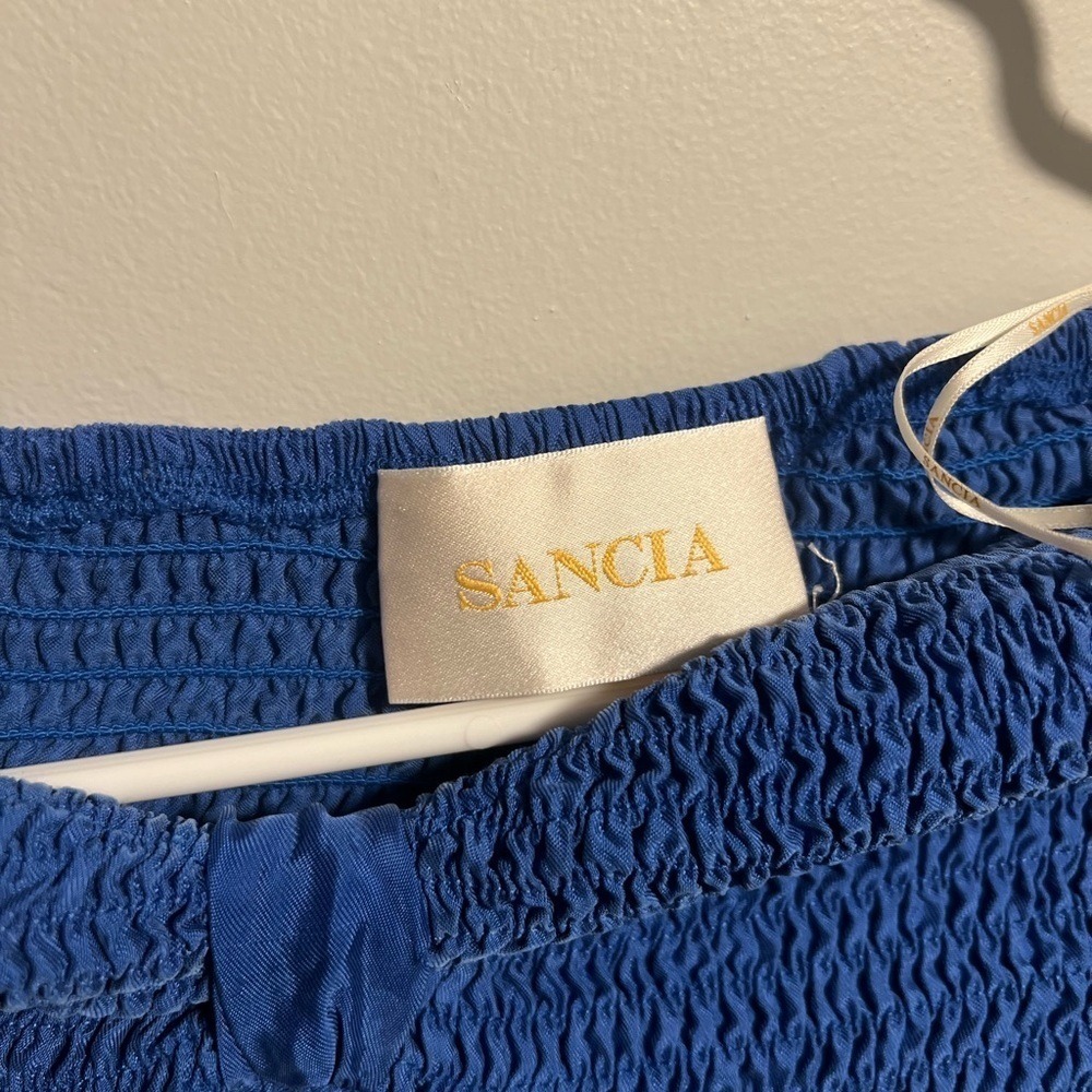 SANCIA Chic Strapless Blue and Cream Maxi Dress - Picture 3 of 5